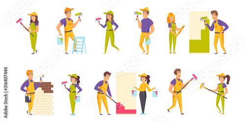 House painters flat vector illustrations set. Wall putty and painting scenes bundle. Male and female workers, people in helmets and uniform cartoon characters collection isolated on white background