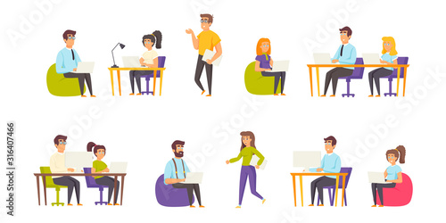Programmers flat vector illustrations set. Programming, coding scenes bundle. People with laptops, coders, software developers cartoon characters collection isolated on white background © alexdndz