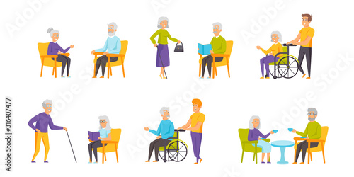 Pensioners flat vector illustrations set. Care, communication scenes bundle. Elderly people, old men and women, grandmothers and grandfathers cartoon characters collection isolated on white background