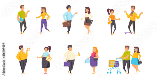 Fat and thin people flat vector illustrations set. Slimness and obesity  body shapes scenes bundle. Shapely and overweight people cartoon characters collection isolated on white background