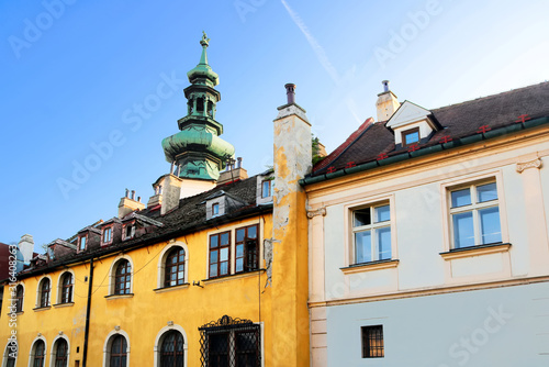 Top view of Michael's Gate and old buildings in old town, Bratislava, Slavakia photo