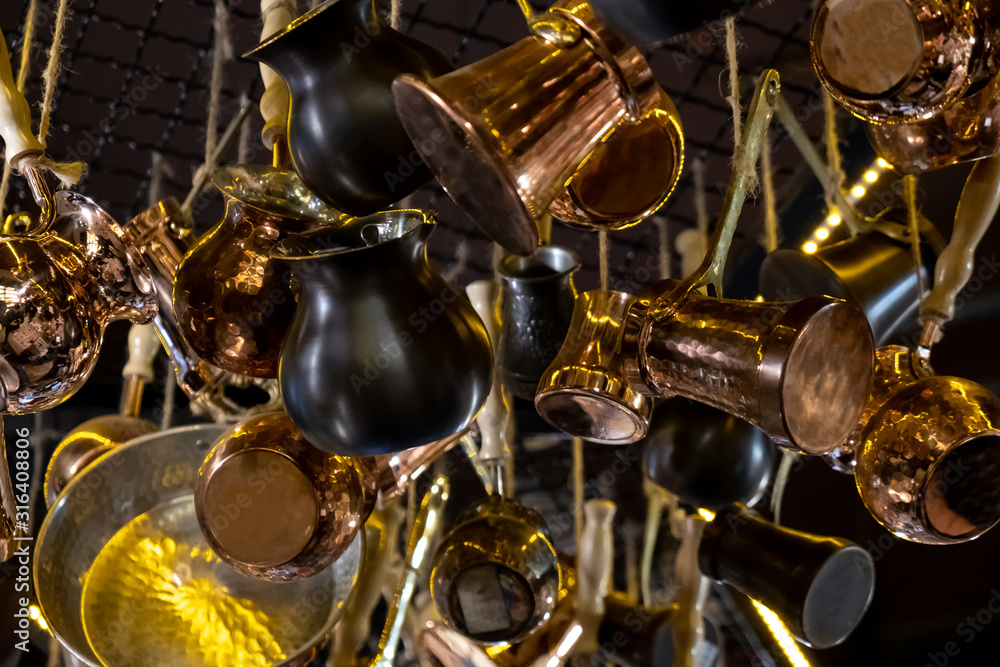 Turkish coffee pots. A small shop selling handmade copper and silver coffee sets