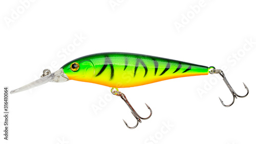 Fishing bait tackle and baubles for fishing on a white background, wobbler. Field with Clipping Path.