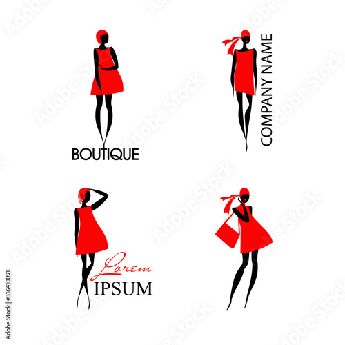 Logos with fashion woman and text. Black silhouette of lady in red dress. An excellent logo template for your company.