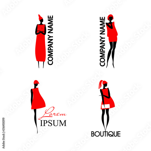 Logos with fashion woman and text. Black silhouette of lady in red dress. An excellent logo template for your company.