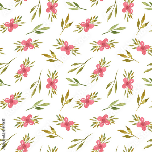 Seamless floral background with green leaves, red flowers, berries. Minimalistic pattern. Vintage ornament for wallpaper, fabric, digital paper, scrapbooking.