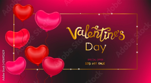 Vector Valentine card with realistic 3D baloon hearts and handwritten calligraphy title - Valenines day. Concept for horizontal poster, banner or invitation for All Lovers Day with lettering. photo