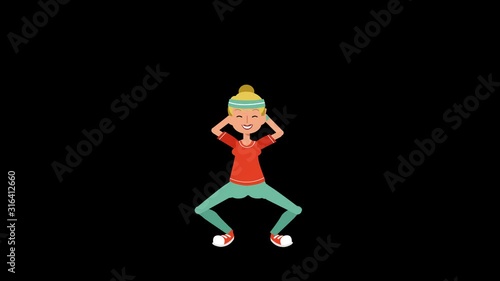 2D Flat cartoon colorful woman character animation. Female workout exercise Squat . Front view. loop . alpha