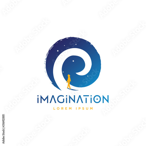 Girl walking into dream pathway, future, dream, sky, stars, fantasy illustration logo design