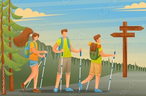 Young people actively spend holidays, Nordic walking in the woods. Vector illustration. Flat 2D character