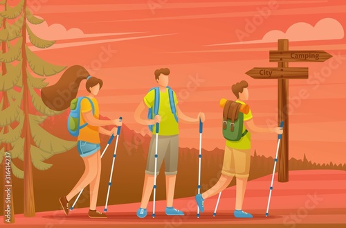 Young people actively spend holidays, Nordic walking in the forest at sunset. Vector illustration. Flat 2D character