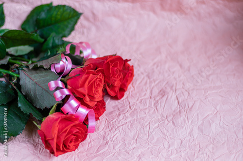 Mother's Day, Women's Day, Valentine's Day or Birthday on a pink background. Roses and box packaging. Congratulatory banner, card. © Оксана Клименко