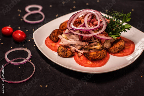 Wallpaper Mural salad with meat, vegetable mix, salad with seafood, seaweed, Chuka with nut sauce, fish, shrimp, avocado, several types of salad, cold appetizers Torontodigital.ca