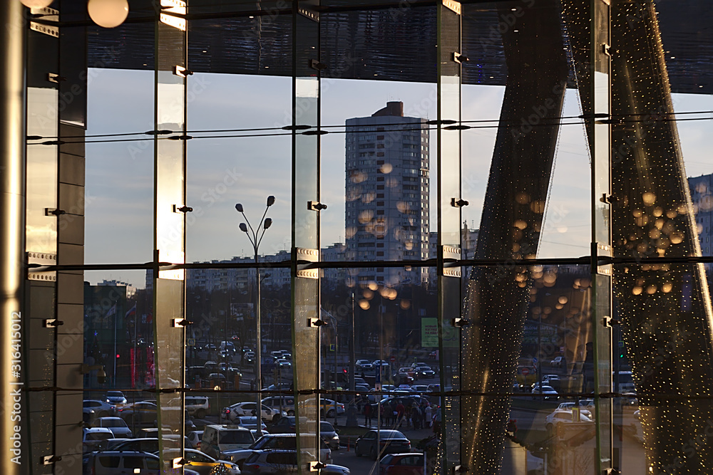 street view through the glass wall of the shopping center