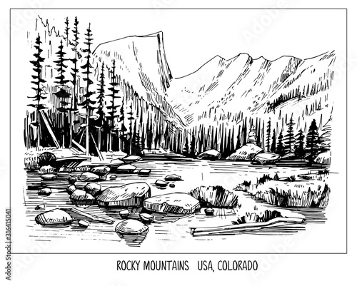Rocky mountains. Landscape of USA, Colorado.  Hand drawn ink sketch converted to vector. Shape isolated with transparent background