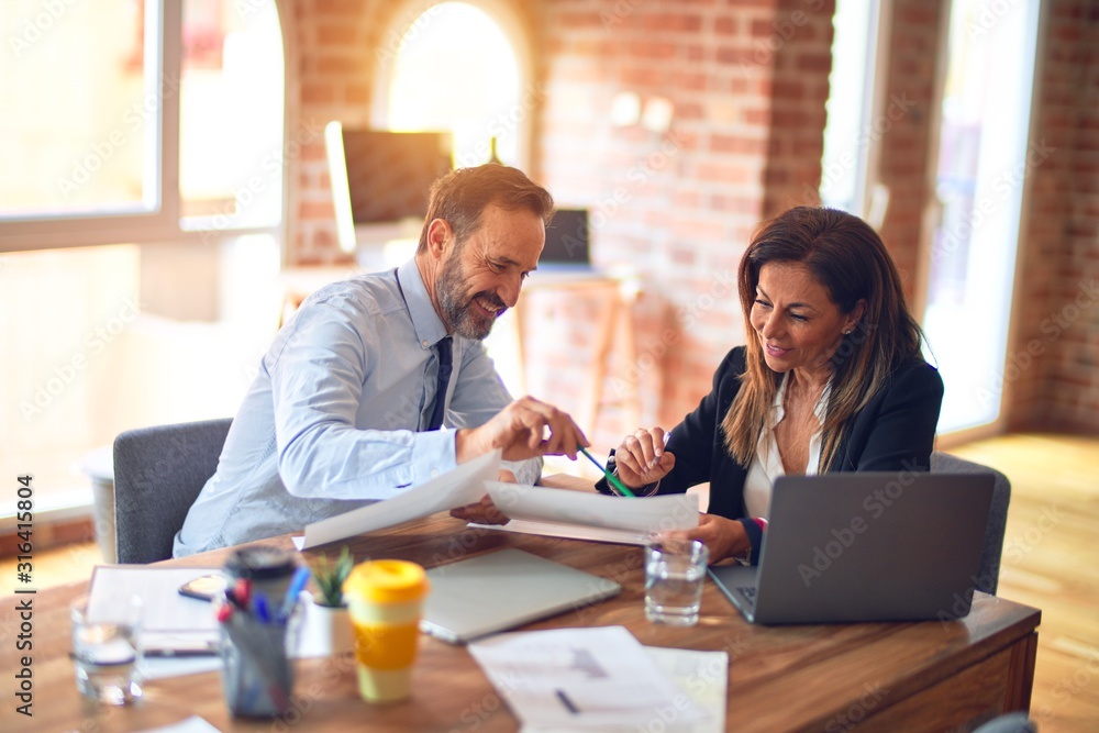 Two middle age business workers smiling happy and confident. Working together with smile on face using laptop at the office Two middle age business workers smiling happy and confident. Working together with smile on face using laptop at the office