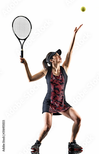 young tennis player asian woman isolated white brackground silhouette