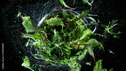 Obraz na płótnie Freeze motion of rotating and flying lettuce