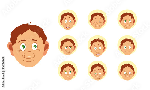 Set of male facial emotions. haracter with different expressions. Vector illustration in cartoon style
