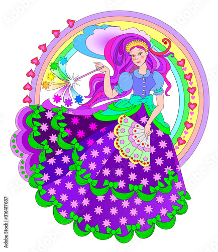 Illustration of beautiful fairyland princess with magic wand and fan. Book cover for children fairy tale. Print for carnival festival or beauty and fashion party. Vector cartoon image.