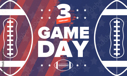 Game Day. American football playoff. Super Bowl Party in United States. Final game of regular season. Professional team championship. Ball for american football. Sport poster. Vector illustration