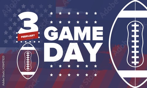 Game Day. American football playoff. Super Bowl Party in United States. Final game of regular season. Professional team championship. Ball for american football. Sport poster. Vector illustration