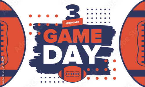 Game Day. American football playoff. Super Bowl Party in United States. Final game of regular season. Professional team championship. Ball for american football. Sport poster. Vector illustration