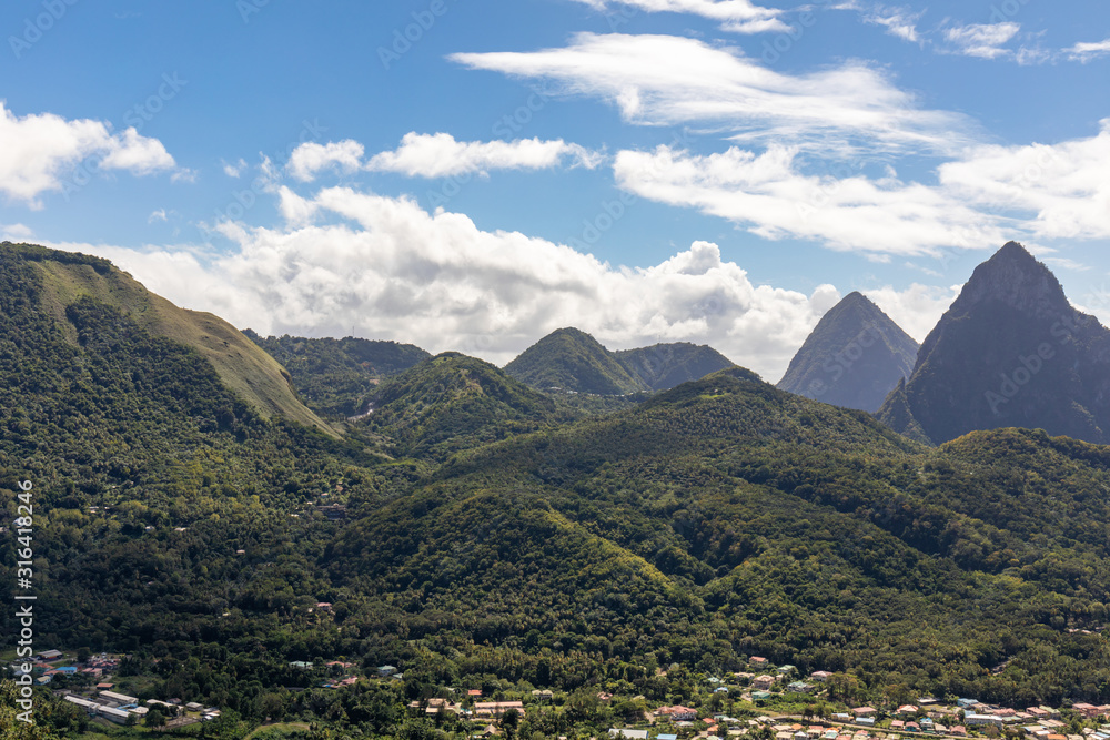 Soufriere, Saint Lucia, West Indies - View to the Pitons and the smoke of the volcano