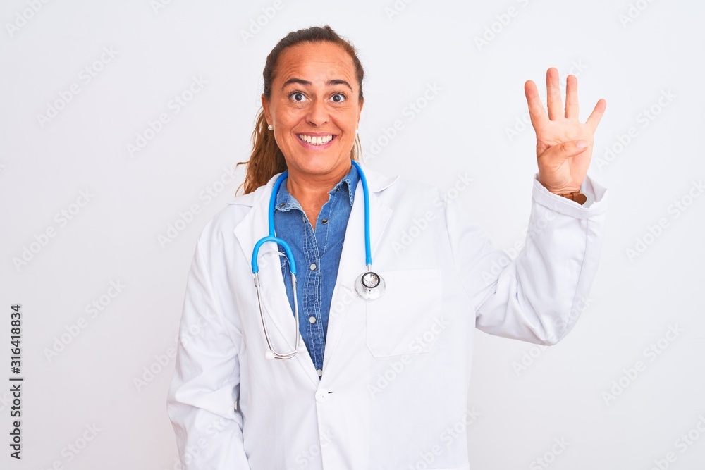 Middle age mature doctor woman wearing stethoscope over isolated background showing and pointing up with fingers number four while smiling confident and happy. Middle age mature doctor woman wearing stethoscope over isolated background showing and pointing up with fingers number four while smiling confident and happy.