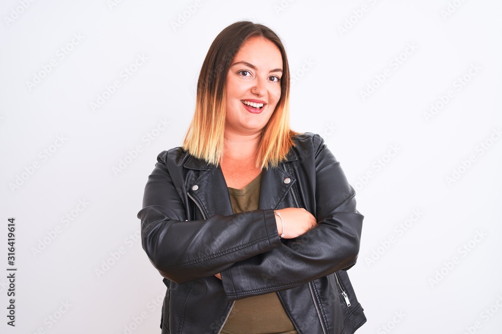 Young beautiful woman wearing t-shirt and jacket standing over isolated white background happy face smiling with crossed arms looking at the camera. Positive person. Young beautiful woman wearing t-shirt and jacket standing over isolated white background happy face smiling with crossed arms looking at the camera. Positive person.