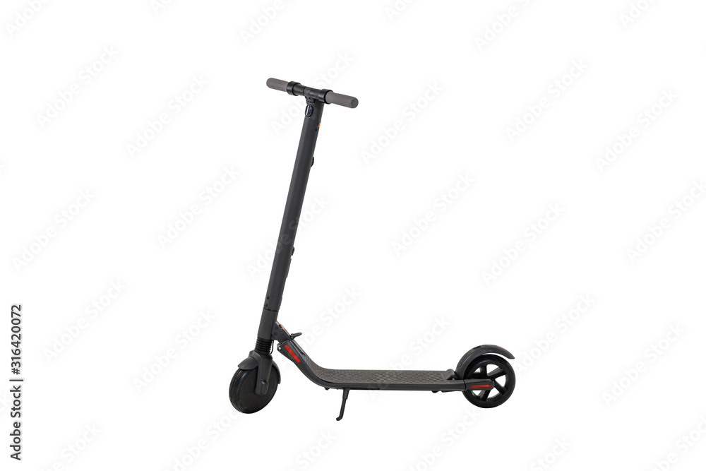 Dark grey electric kick scooter isolated on white background. Ecological alternative transport concept. Dark grey electric kick scooter isolated on white background. Ecological alternative transport concept.