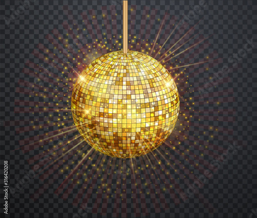 Vector illustration of golden Disco ball with light rays isolated on transparent background.