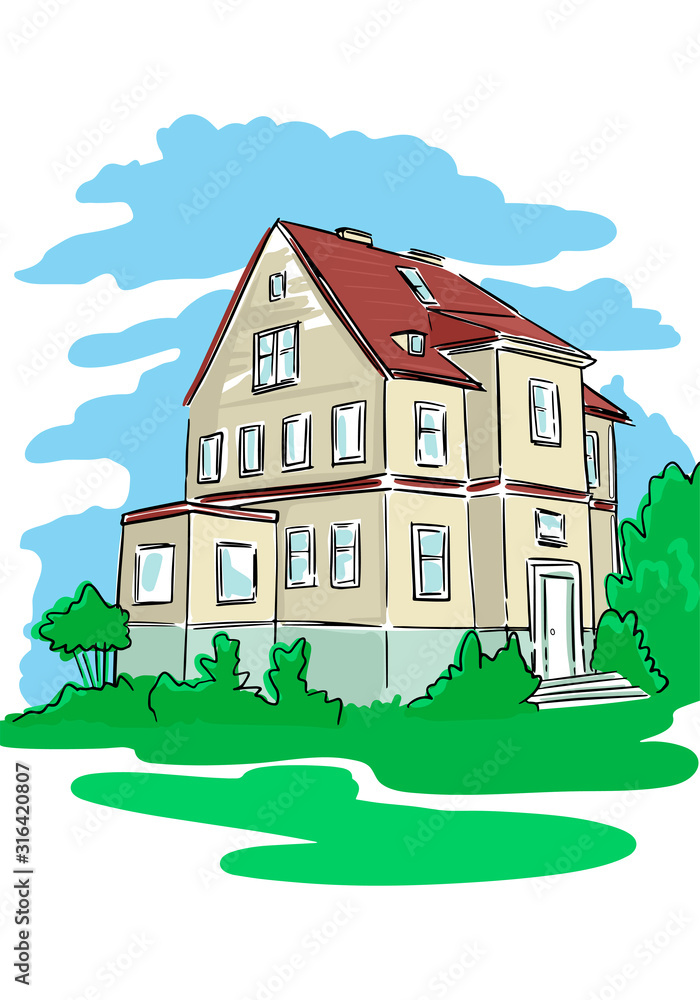 Cottage, lawn and blue sky on the background. Vector bright sketch illustration