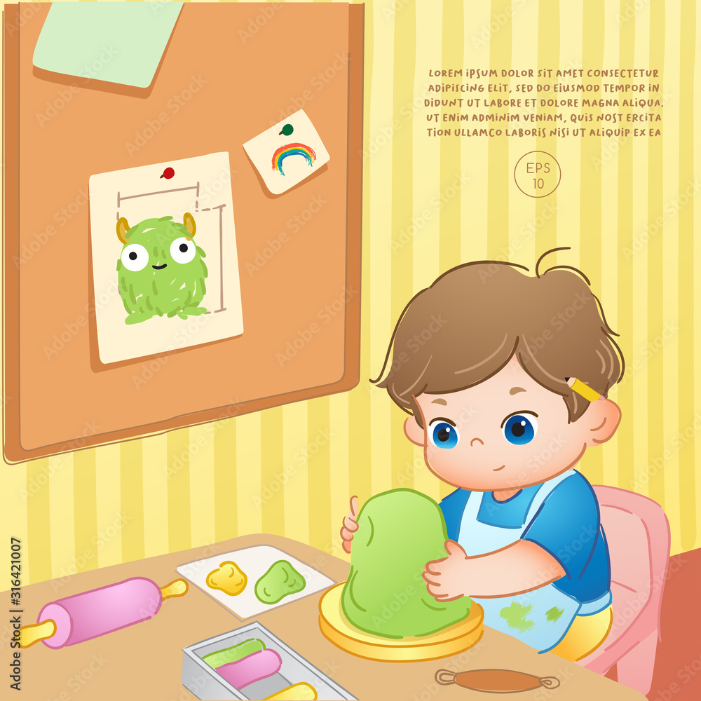 Vector illustration of cute boy creating monster figure from clay Vector illustration of cute boy creating monster figure from clay