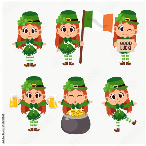 Set of vector illustration of St.Patrick's Day Cute cartoon mascot Character. Variety of st Patrick cute girl character. Girl Leprechaun.