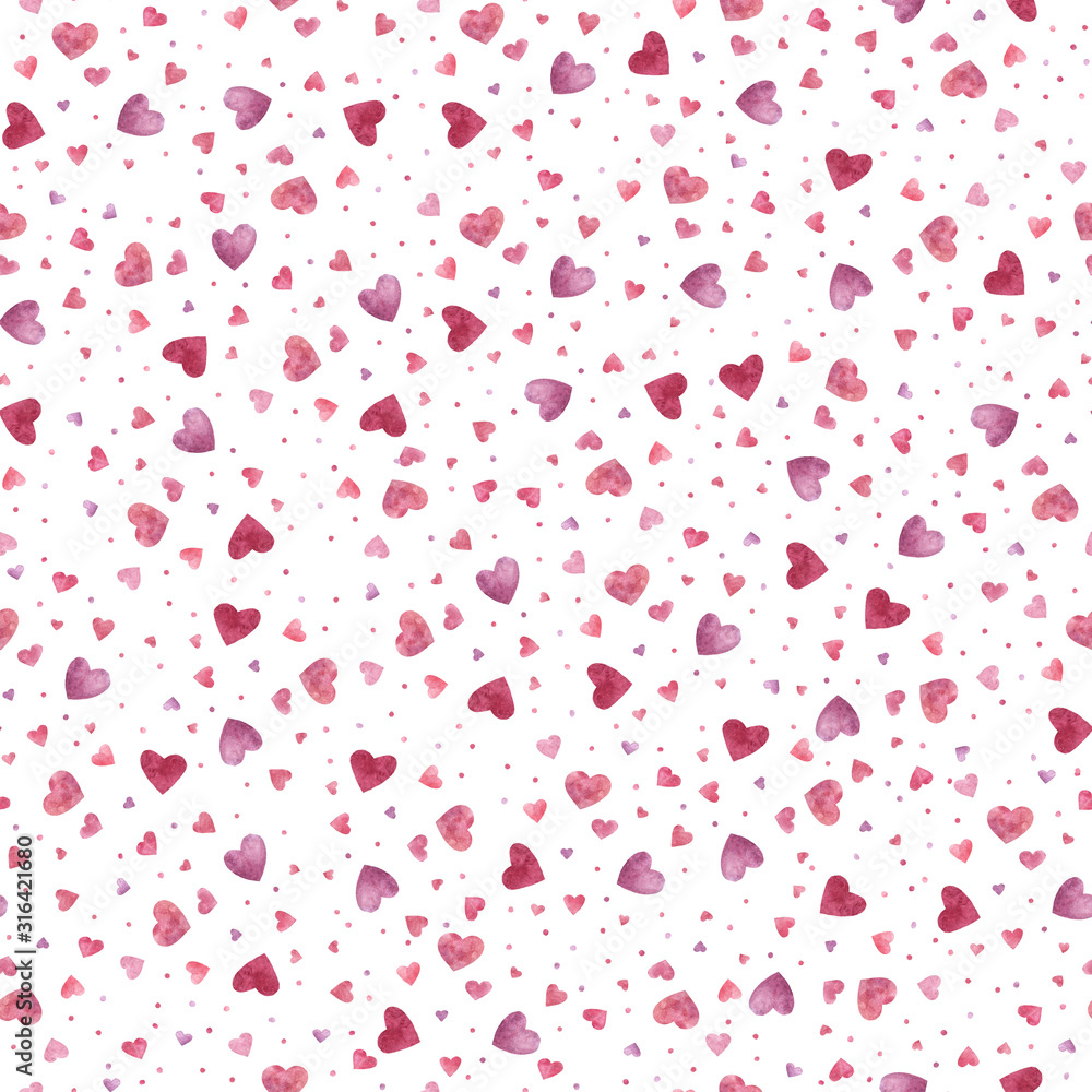 Love pattern with hearts for valentines day february 14th. Printable on paper and fabric repeating pink pattern on a white background isolated