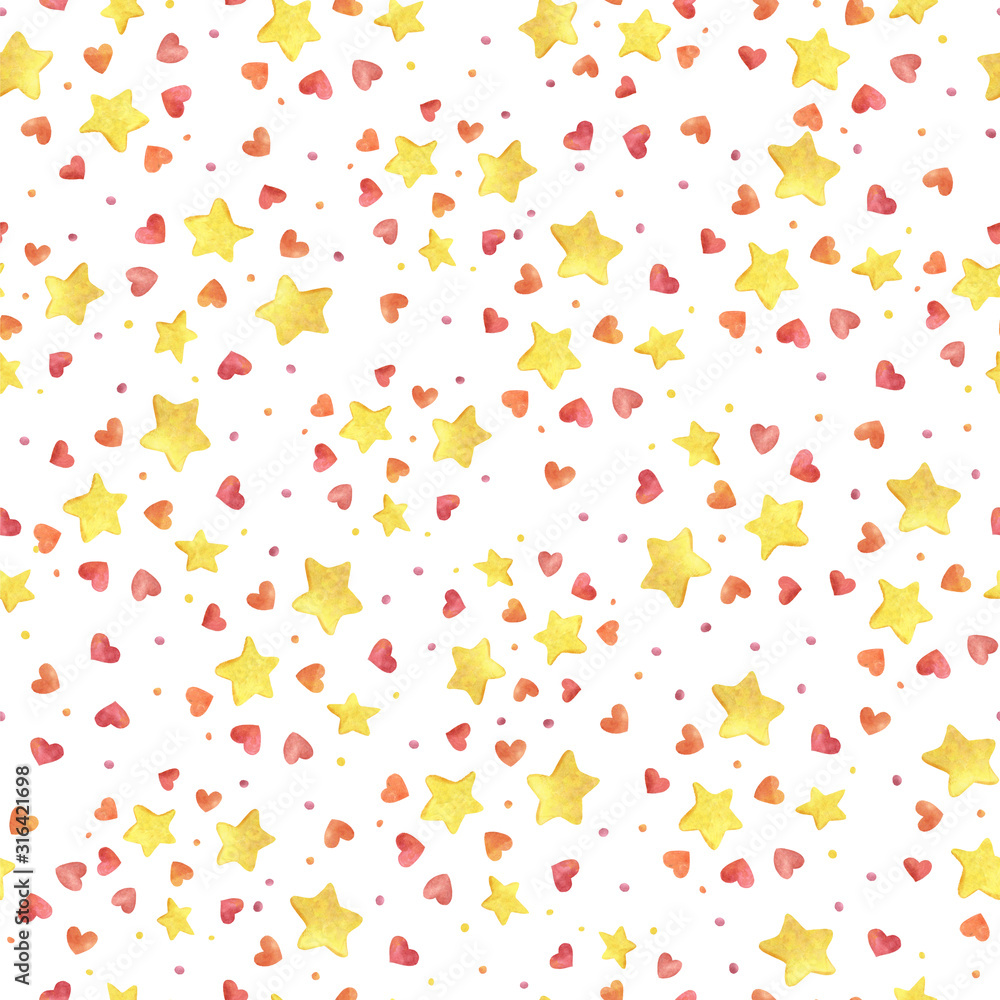 Pattern love and stars for gifts and packaging and printing on fabric. Endless pattern of golden stars and hearts. Pattern love and stars for gifts and packaging and printing on fabric. Endless pattern of golden stars and hearts.