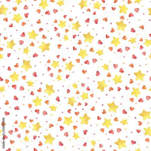 Pattern love and stars for gifts and packaging and printing on fabric. Endless pattern of golden stars and hearts. photo