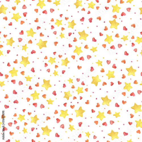Pattern love and stars for gifts and packaging and printing on fabric. Endless pattern of golden stars and hearts.