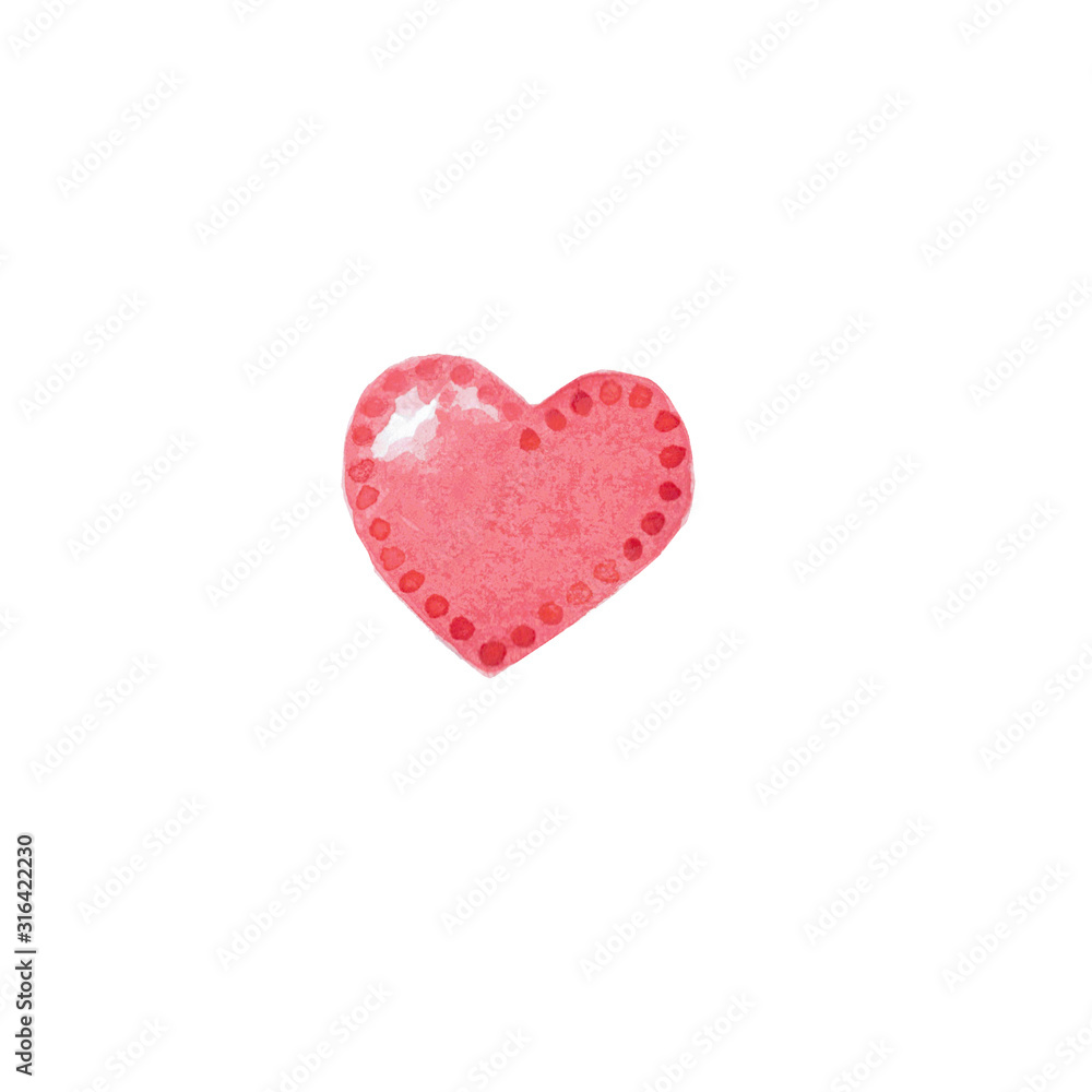 Hand drawn watercolor red heart with dots isolated on white background. Concept for greeting postcards, love, valentines day, 14 february, proposal, ornament, textile, wrapping paper