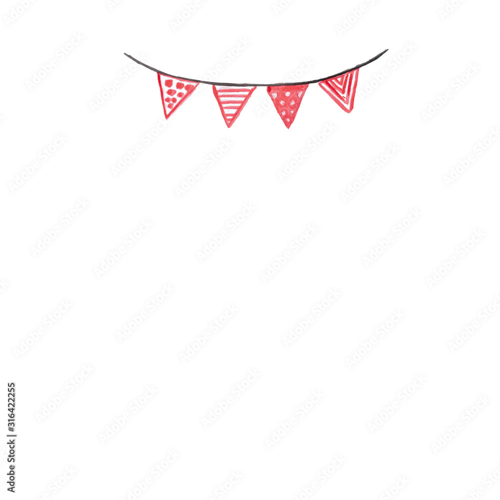 Obraz premium Watercolor hand drawn red ornamental flags on black string on white background with copy space. Concept of greeting post card, happy valentine's day, birthday, textile, wrapping paper