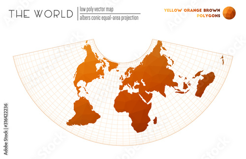 Polygonal map of the world. Albers conic equal-area projection of the world. Yellow Orange Brown colored polygons. Beautiful vector illustration. photo