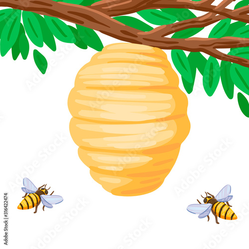 Bees are flying to the hive on a tree branch. Vector illustration