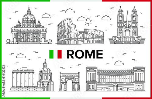 Rome, Italy. Coliseum, St. Peters Dome, Spanish Steps, Piazza Venezia, buildings and city sights. Vector illustration