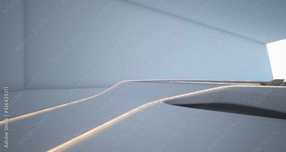 Abstract architectural white interior of a minimalist house with neon lighting. 3D illustration and rendering. Abstract architectural white interior of a minimalist house with neon lighting. 3D illustration and rendering.