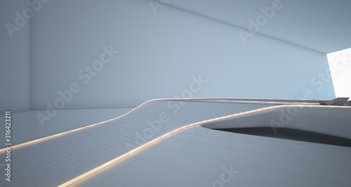 Abstract architectural white interior of a minimalist house with neon lighting. 3D illustration and rendering.