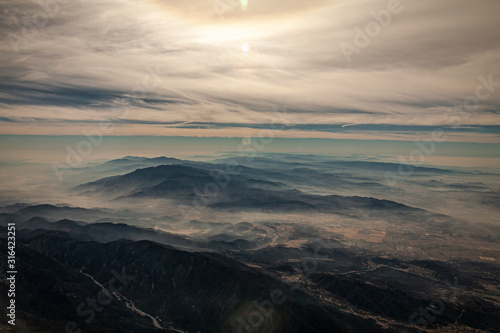 Flying over coastal mountains in California, United States