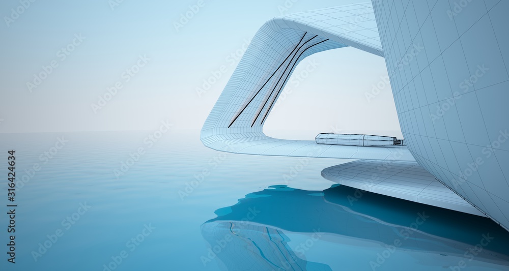 Obraz premium Abstract architectural white interior of a minimalist house with neon lighting. 3D illustration and rendering.