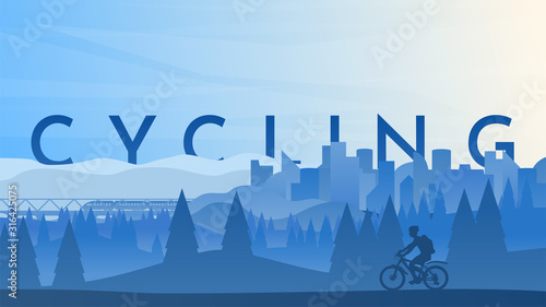 Vector landscape. A cyclist rides through the city near woods. Flat style. Blue wallpapers. Silhouette of a guy on a bike. Cycling through the park. Buildings. Double exposure text. Triangle clear sky