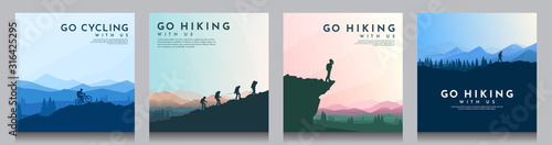 Vector brochure cards set. Travel concept of discovering, exploring and observing nature. Hiking. Climbing. Adventure tourism. Flat design for social media, blog post, poster, invitation. gift card.